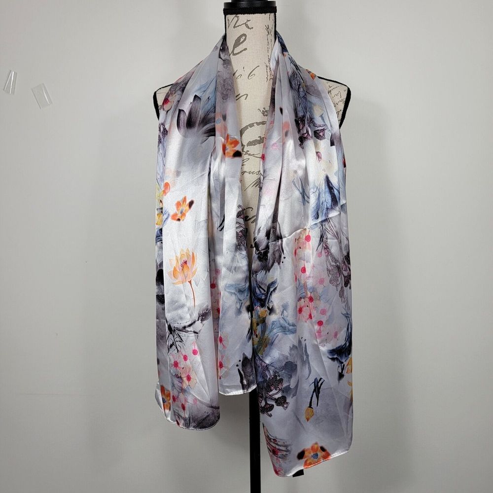 Women's Silver Metallic Gray Floral Design Silk Feel Polyester Scarf 62x28 Inch